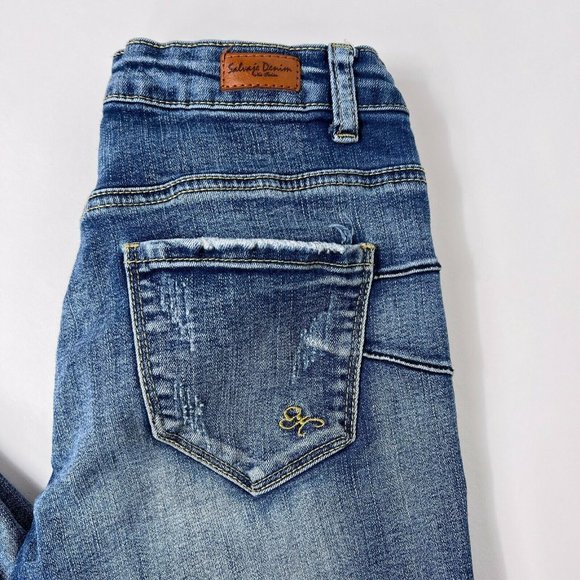 Salvaje Denim Distressed Mid Rise Stretch Denim Skinny Raw Released Hem Jeans 5 - Picture 4 of 10